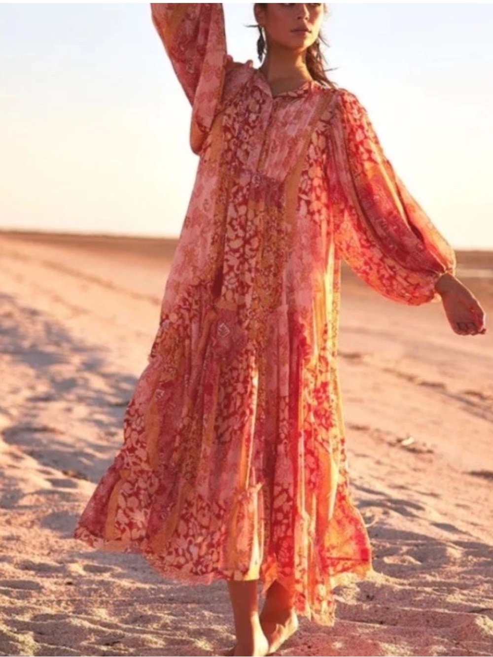 Talisman Sabrina Bonfire Boho Tiered Maxi Dress Patchwork M Bohemian Festival